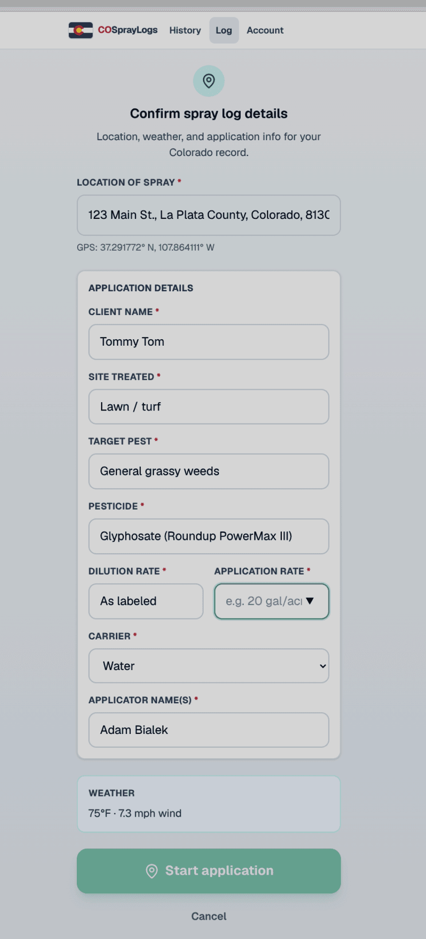COSprayLogs confirm spray log details screen with location and application fields
